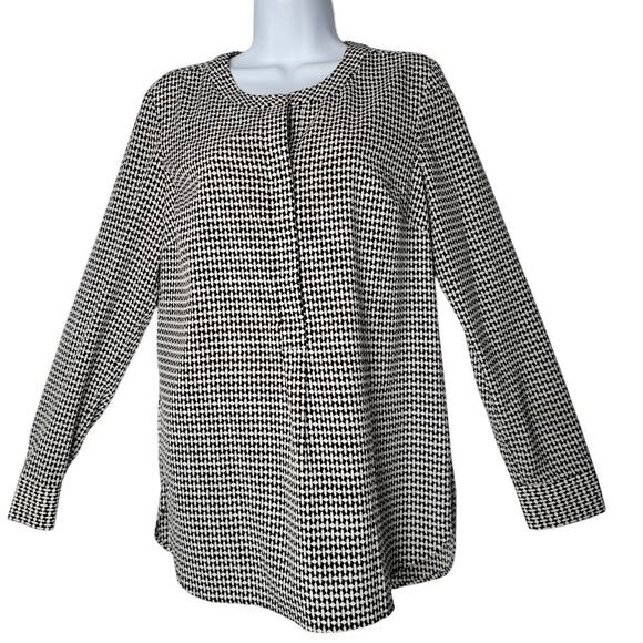 Talbots Blouse Small Black White Houndstooth Long Sleeve Work Top Career Wear - Picture 1 of 11
